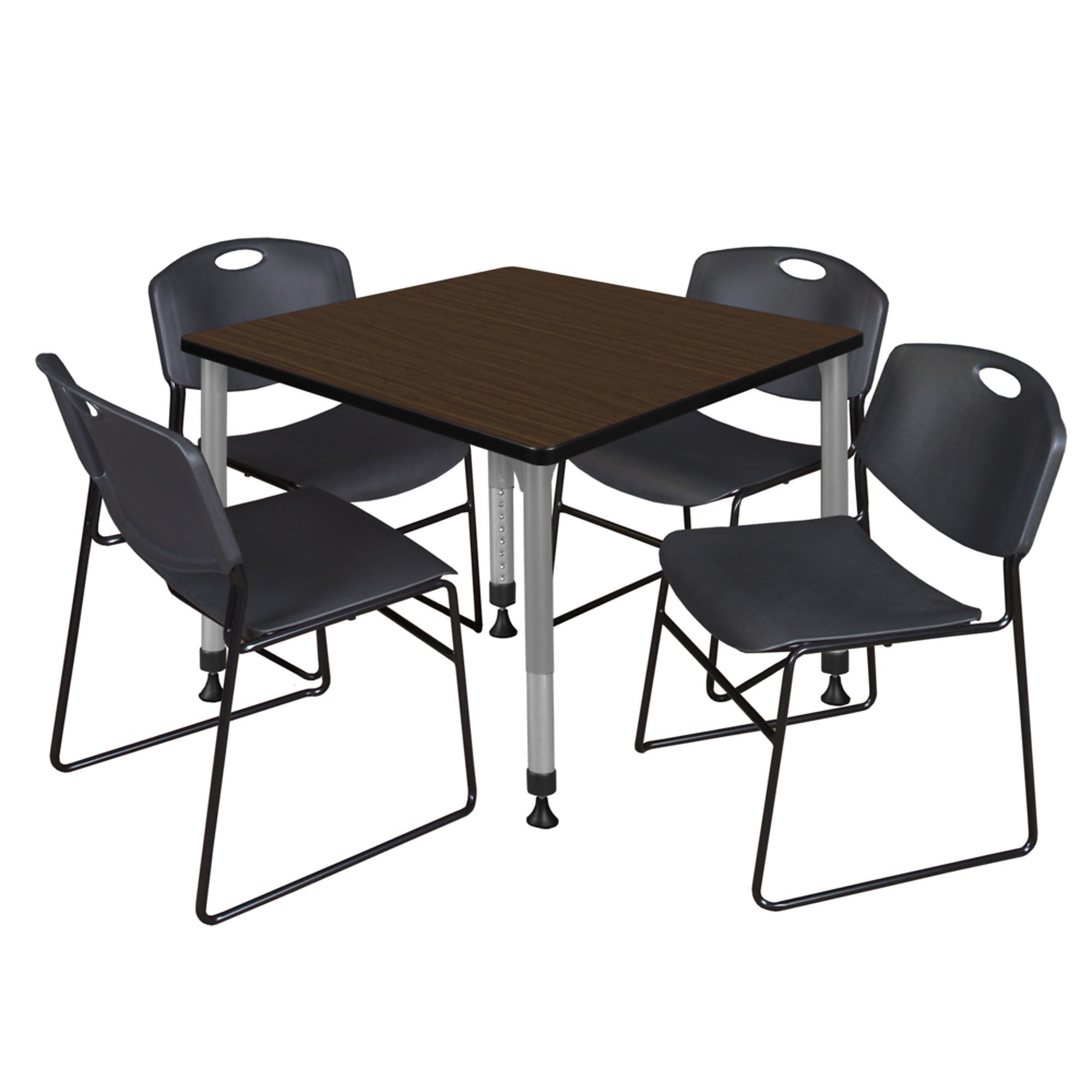 Regency Kee Adjustable Classroom Table Set — 36in. Square, Neo Walnut Top, Grey Base, Includes 4 Black Zeng Stack Chairs, Model# TB3636NWAPGY44BK